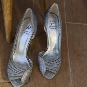 Adrianna Papell Silver Glitter Peep-Toe Pumps with Pleated Detail